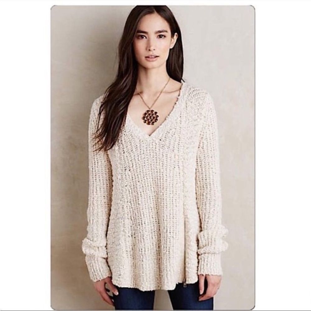 ✨ Anthropologie Moth Cream Chunky Knit Pullover Sweater Side Zipper✨